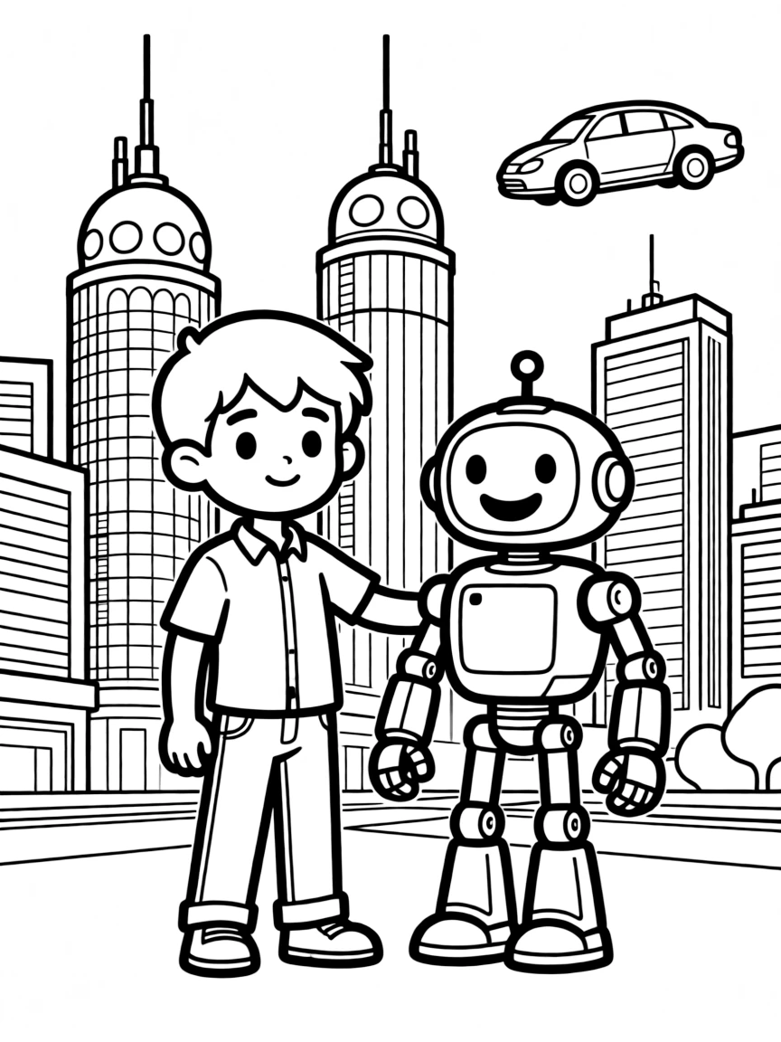 A young inventor and his robot companion in a futuristic city