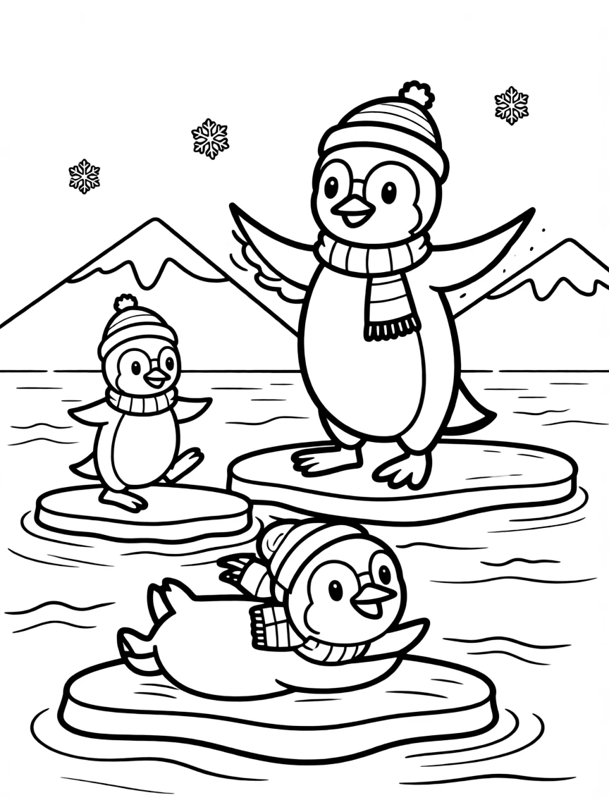 A family of penguins surfing on ice floes in Antarctica
