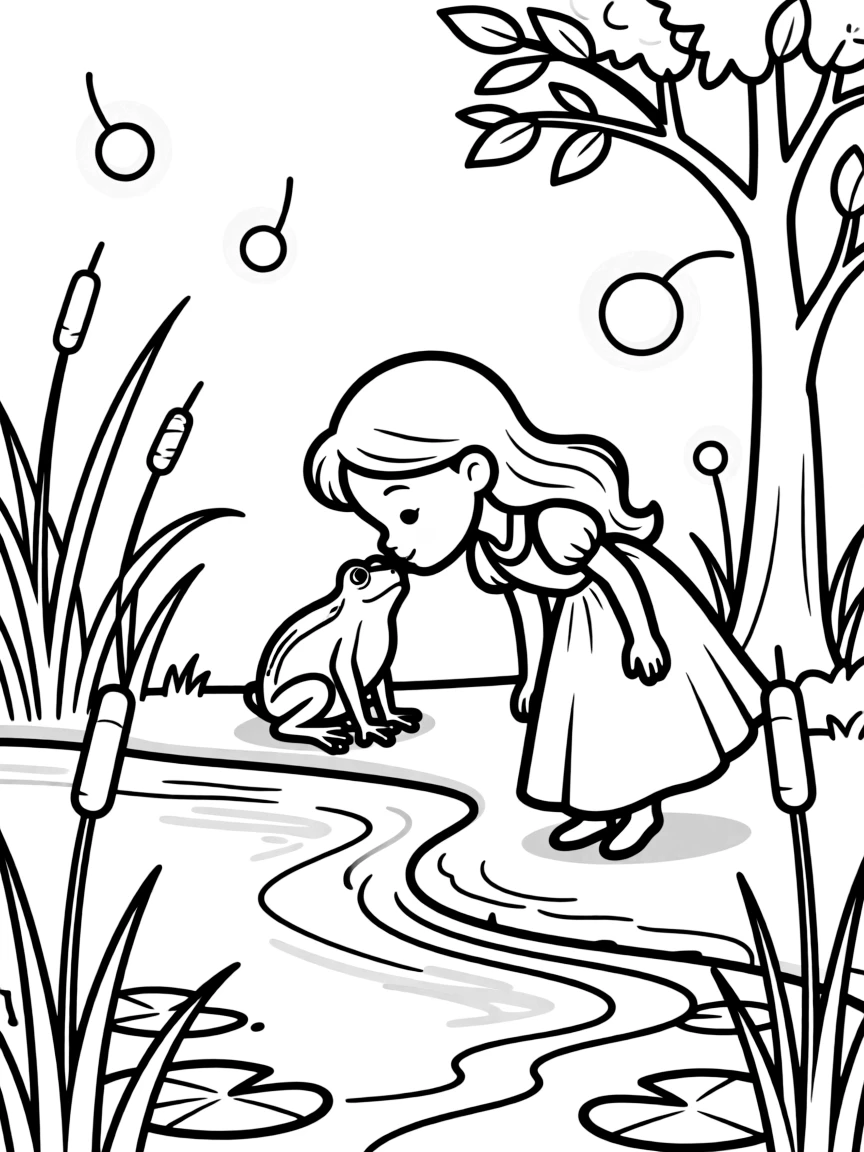 A princess kissing a frog near a bayou with fireflies glowing around them