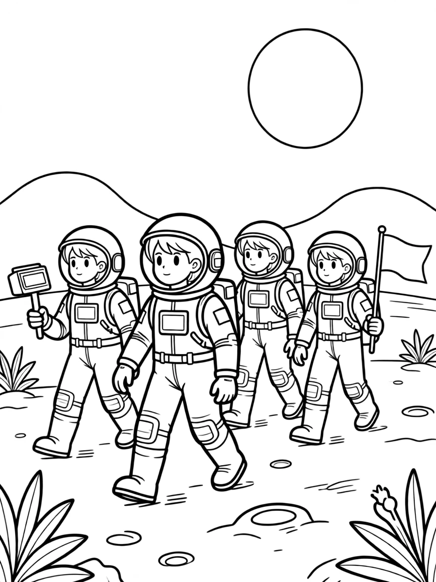 A group of space explorers walking on the surface of a strange planet