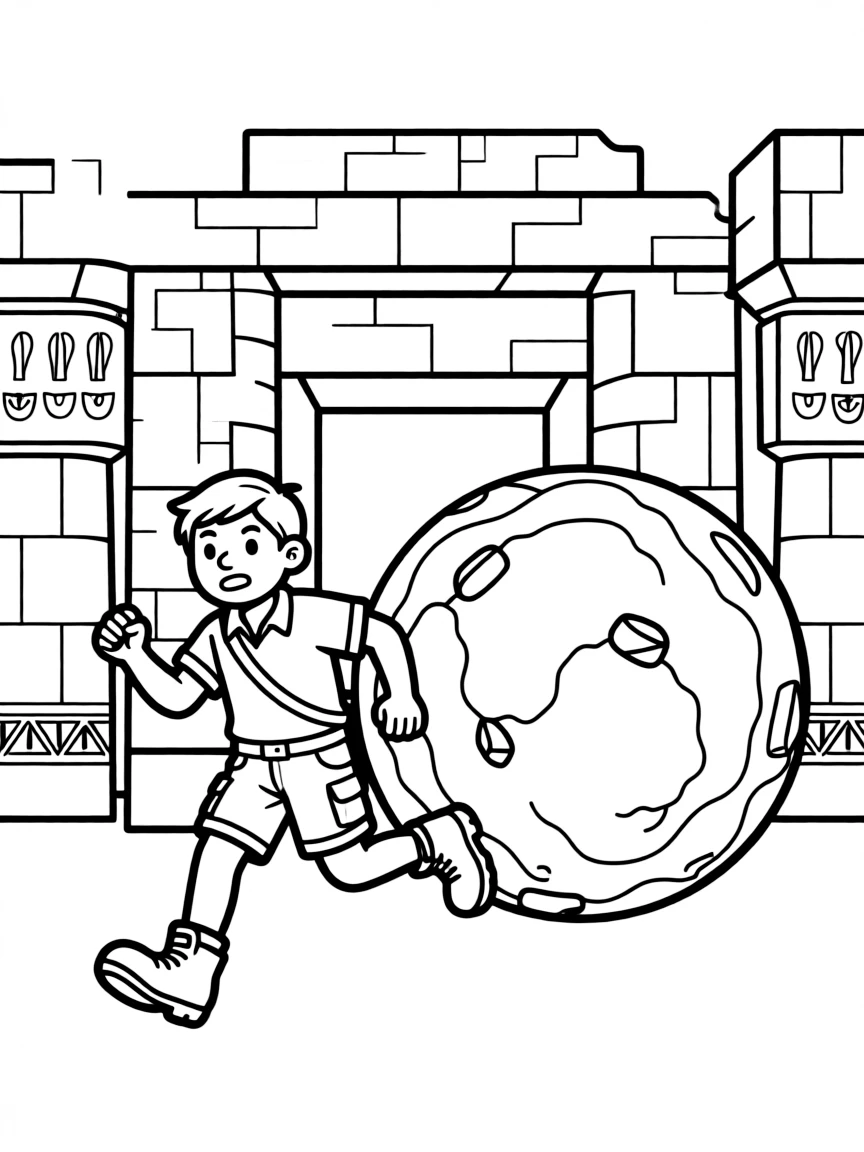 An archaeologist outrunning a giant rolling boulder in an ancient temple