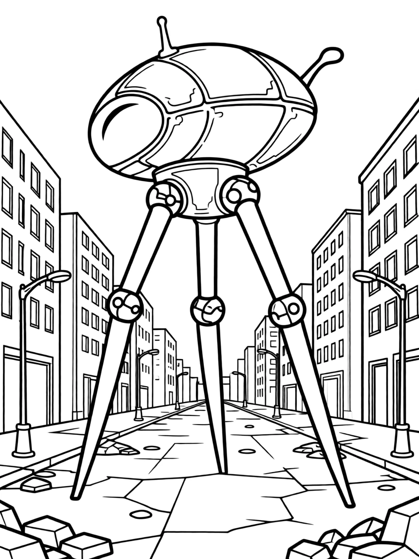 A massive alien tripod walking through a destroyed city