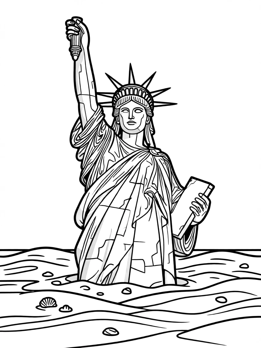 A ruined Statue of Liberty half-buried in beach sand