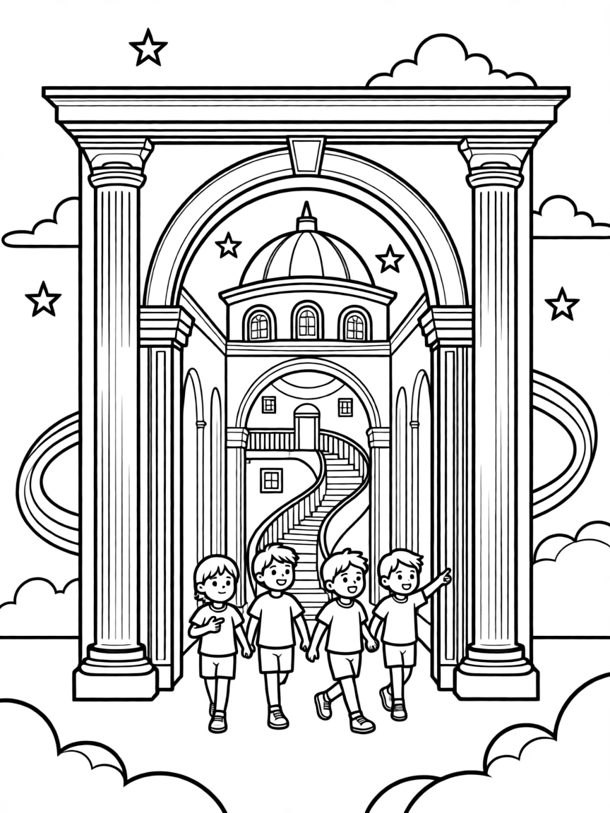 A team entering a dream within a dream, shown as nested architectural structures