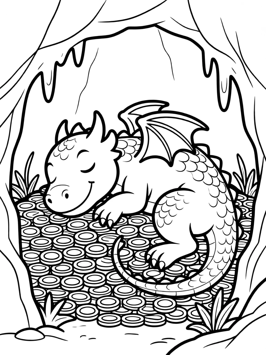 A dragon sleeping on a pile of gold coins in a mountain cave