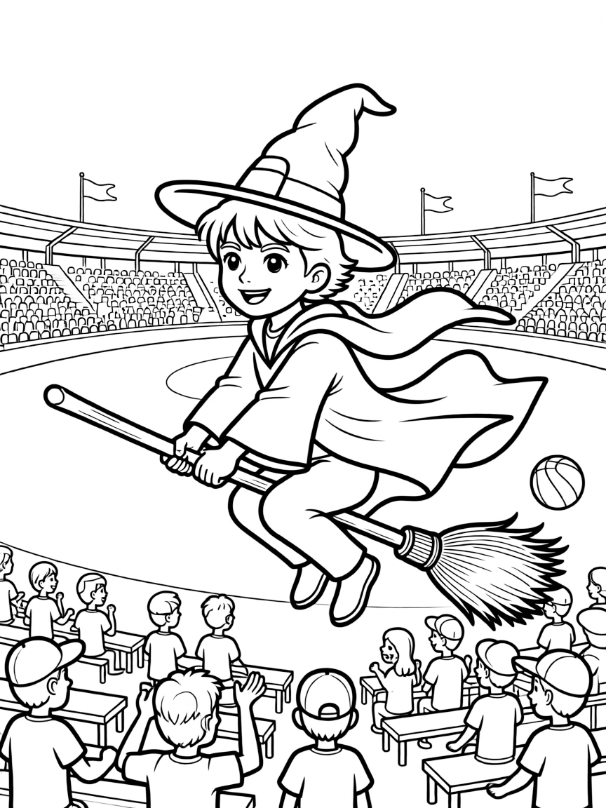 A young wizard flying on a broomstick during a sporting match