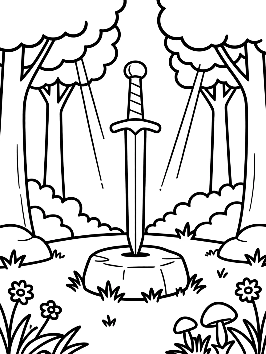 A sword stuck in a stone in a forest clearing with sunlight streaming through
