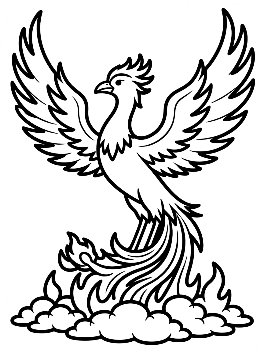 A phoenix rising from ashes with flames forming its wings