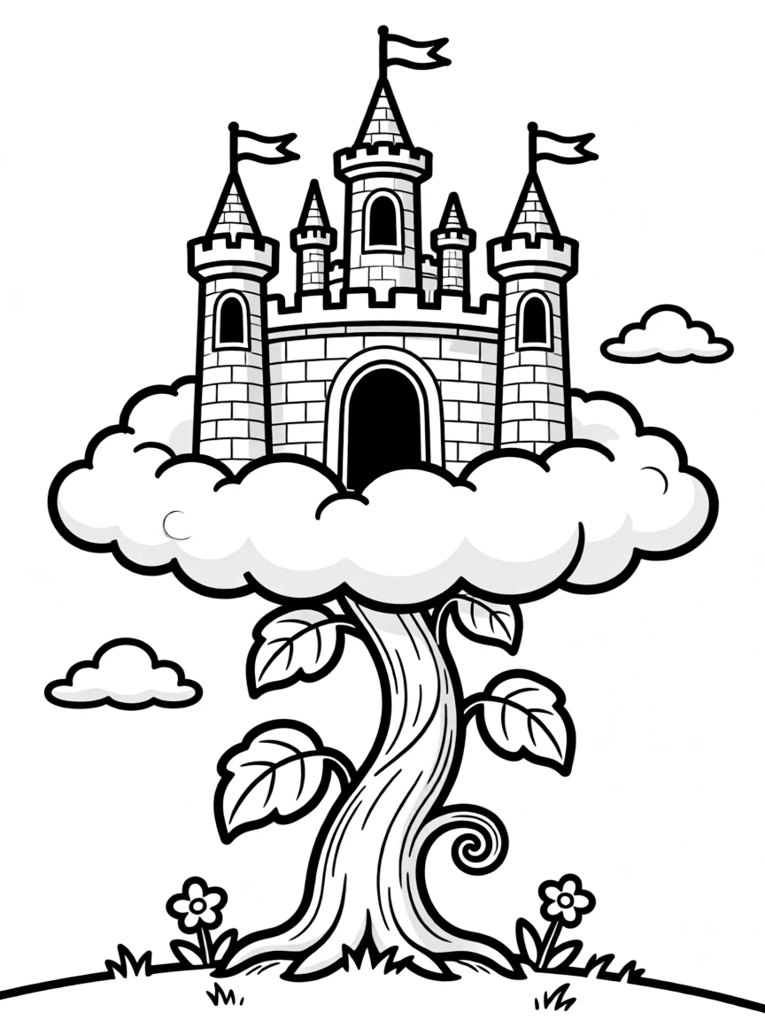 A giant's castle in the clouds with a beanstalk leading up to it