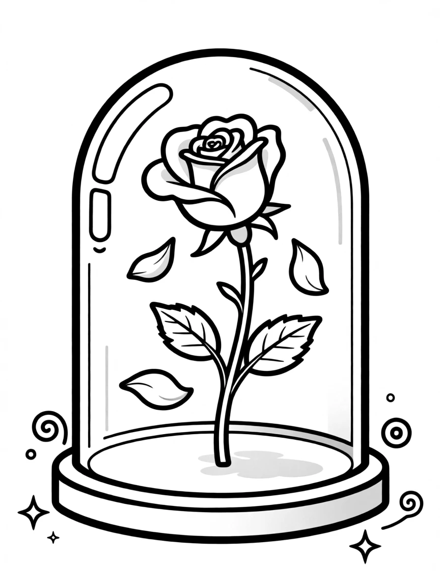 An enchanted rose under a glass dome, petals beginning to fall