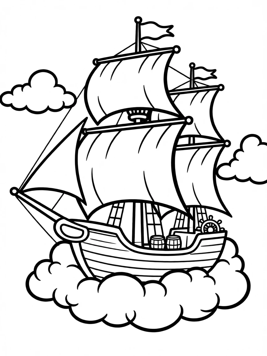 A flying ship with magical sails catching clouds instead of wind