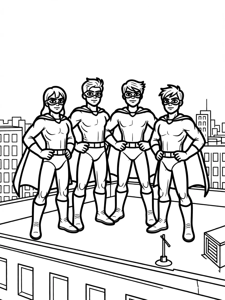 A superhero team posing together on a rooftop overlooking their city