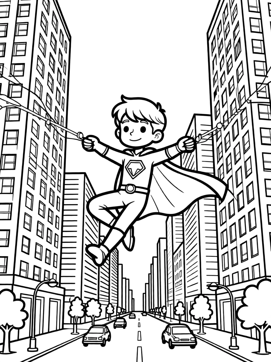 A hero swinging between skyscrapers on webs with the city below