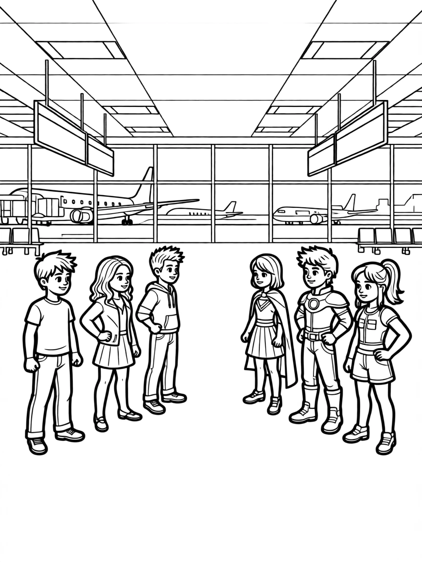 Two groups of heroes facing off against each other in an airport