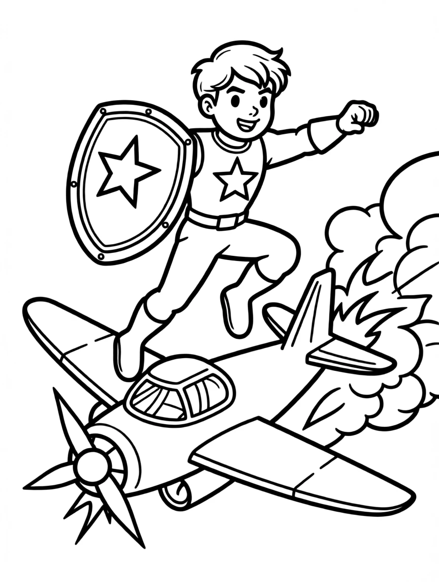 A hero with a star emblem and shield jumping from an exploding plane