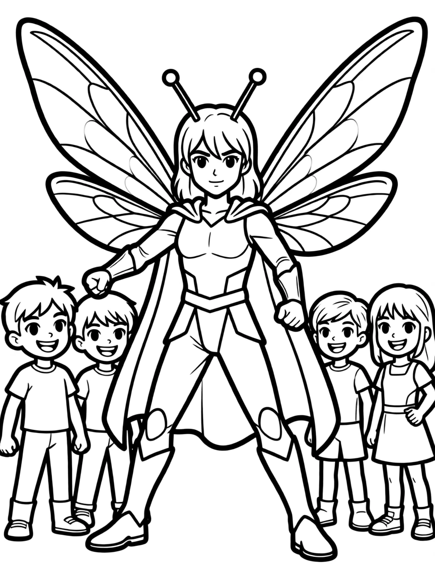 A hero with antennae and wings fighting alongside a team
