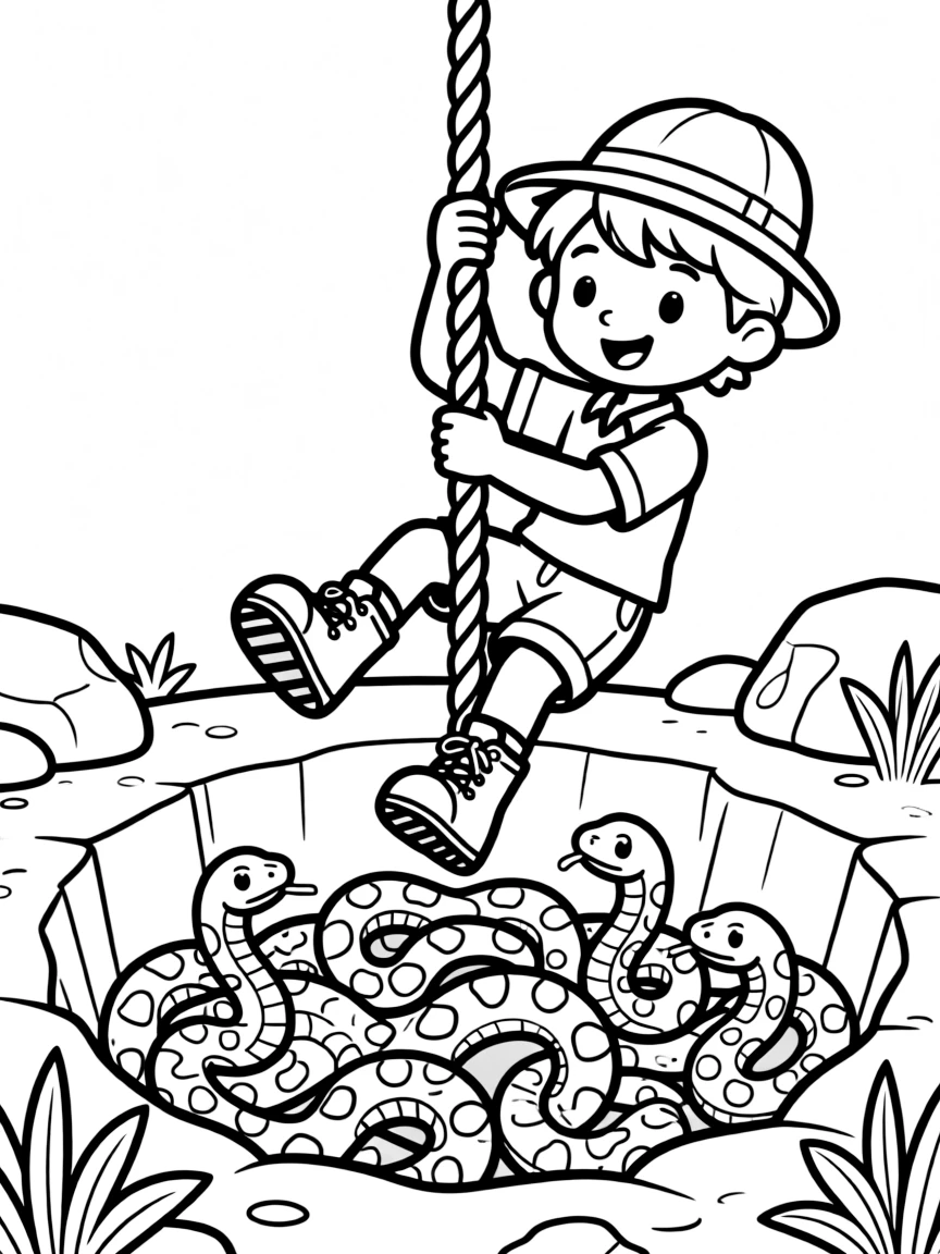 An archaeologist swinging on a rope over a pit of snakes