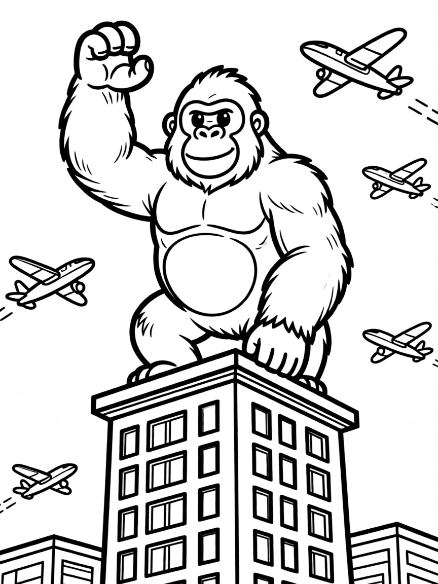 A giant gorilla atop a skyscraper with planes flying around