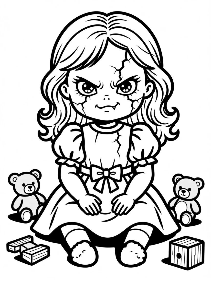 A possessed doll with a cracked, sinister face