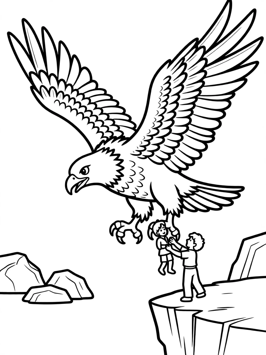 A massive eagle rescuing characters from a dangerous situation