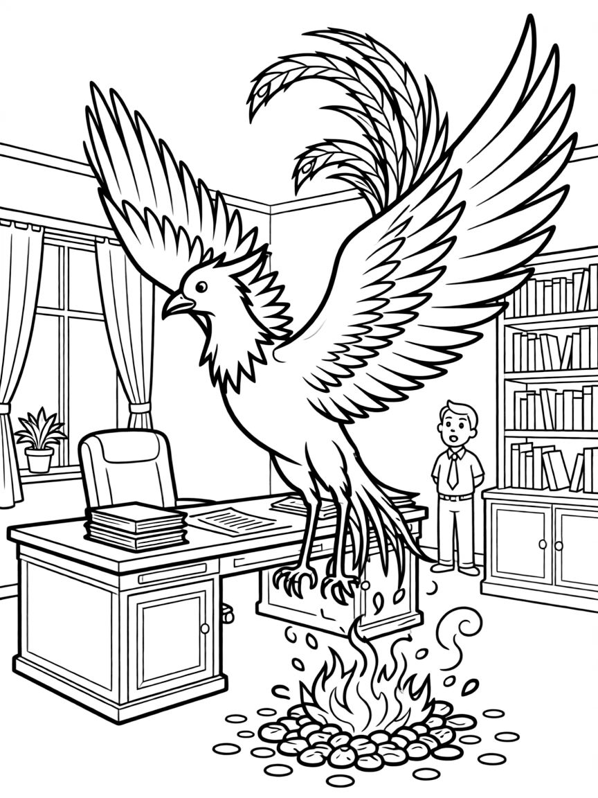 A phoenix rising from ashes in a headmaster's office