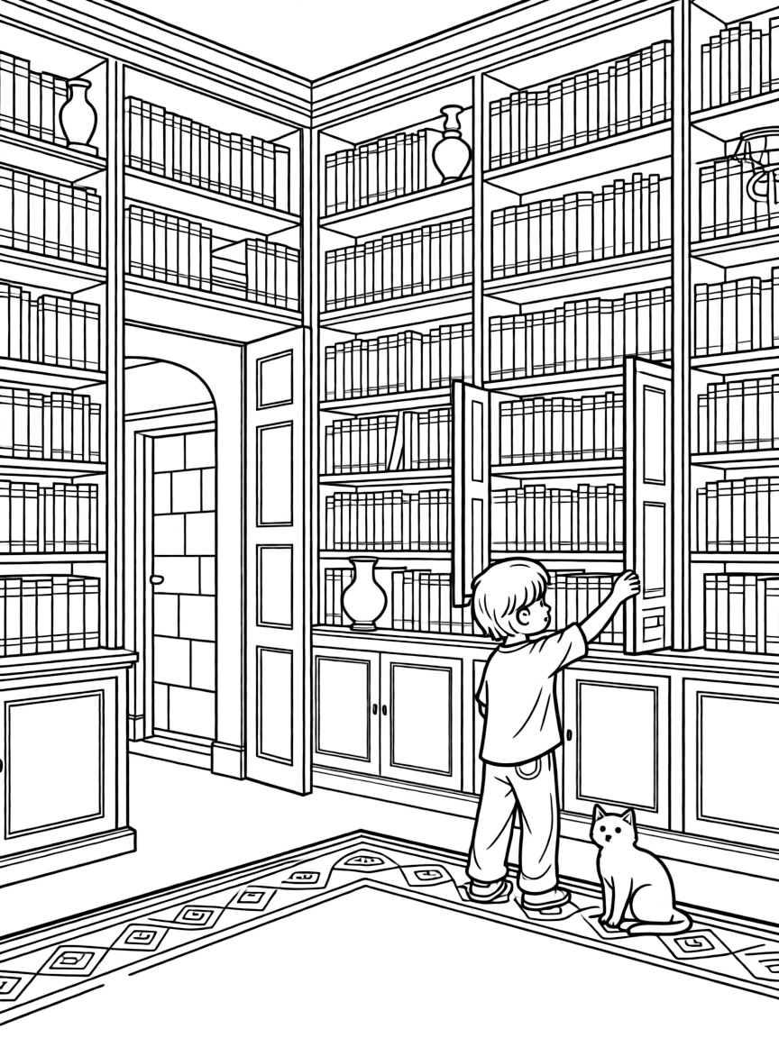 A mansion library with secret passage behind a bookshelf