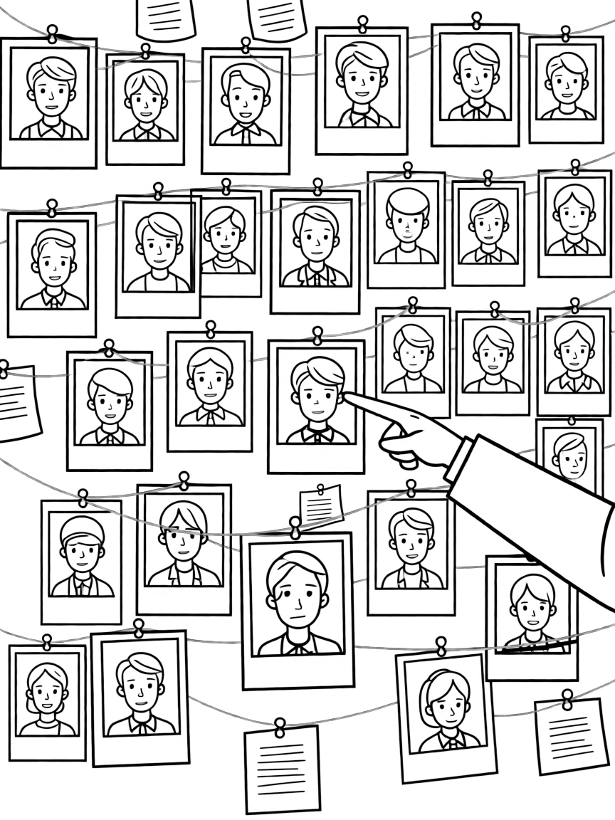 A detective's wall covered in photos connected by red string