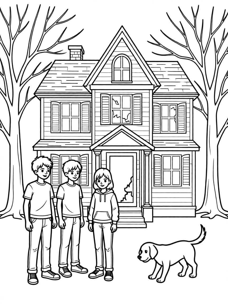 A group of teenagers and their dog investigating a haunted mansion