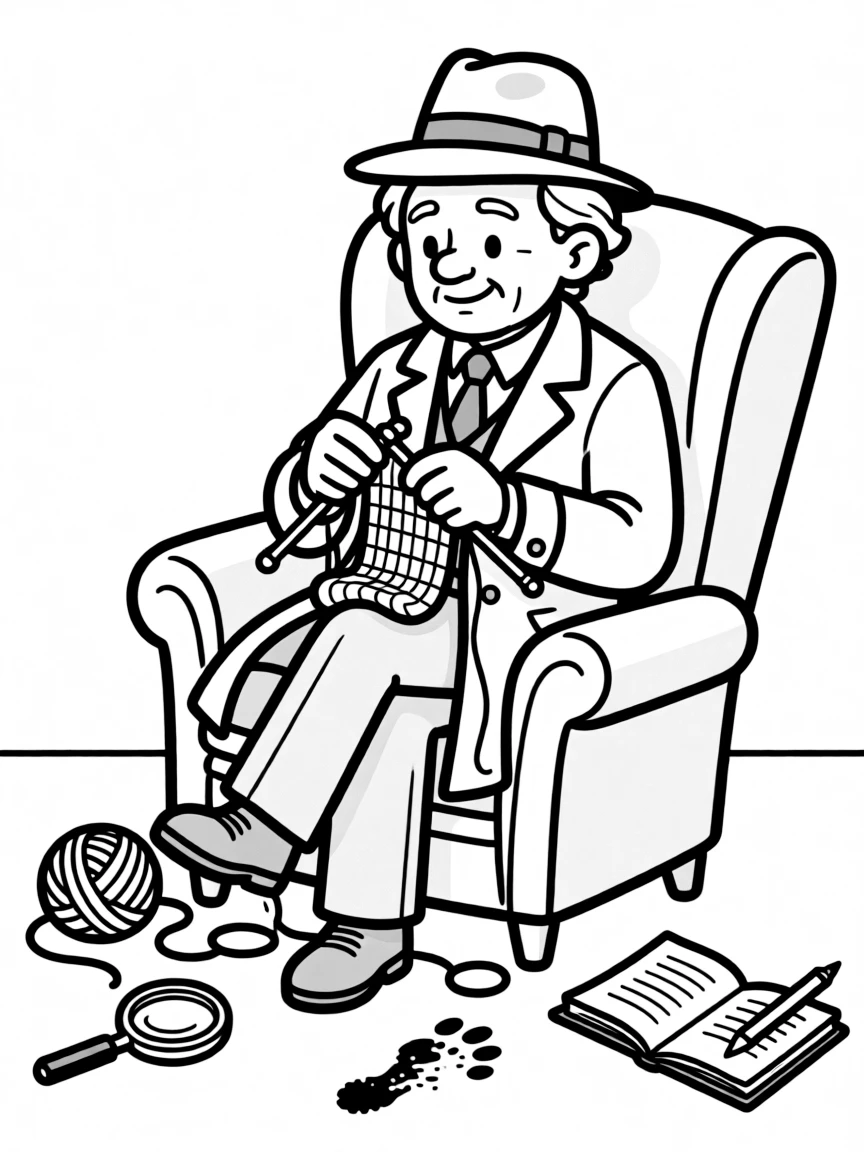 An elderly detective knitting while solving a murder case