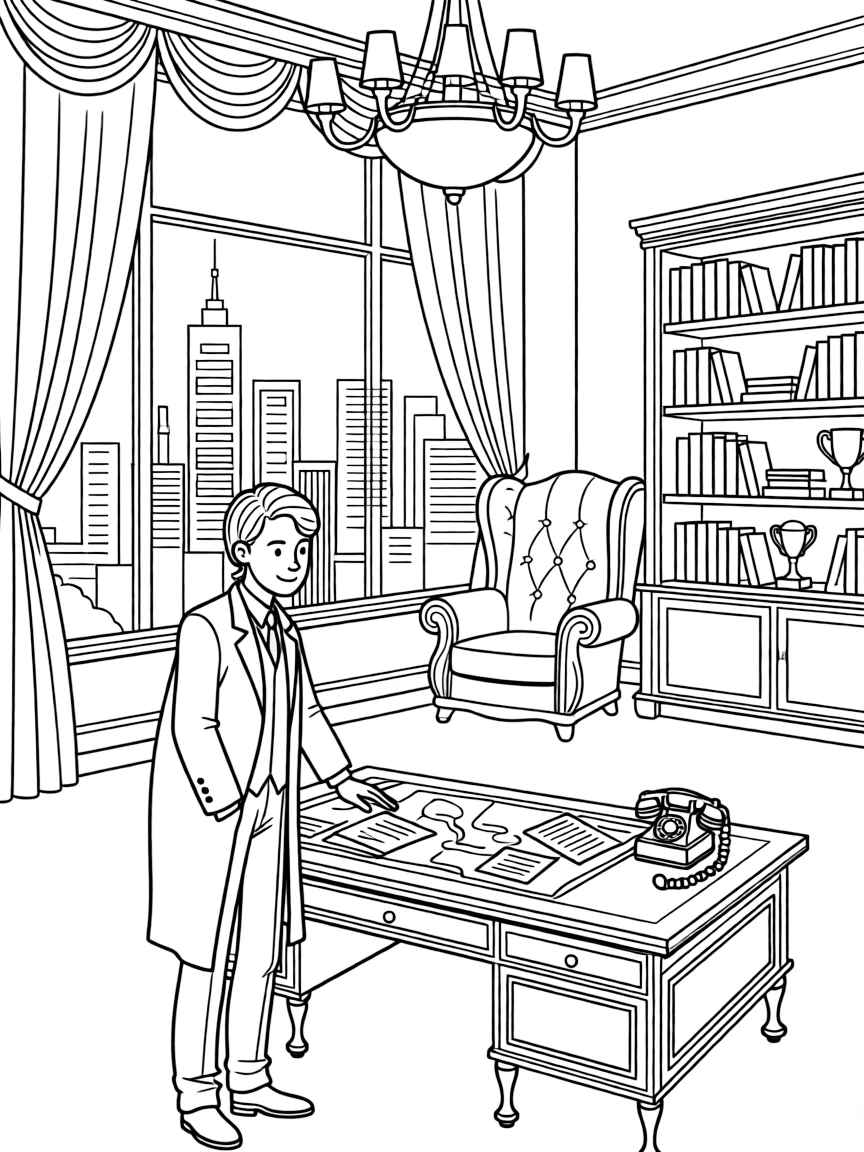 A criminal mastermind plotting in a luxurious hideout