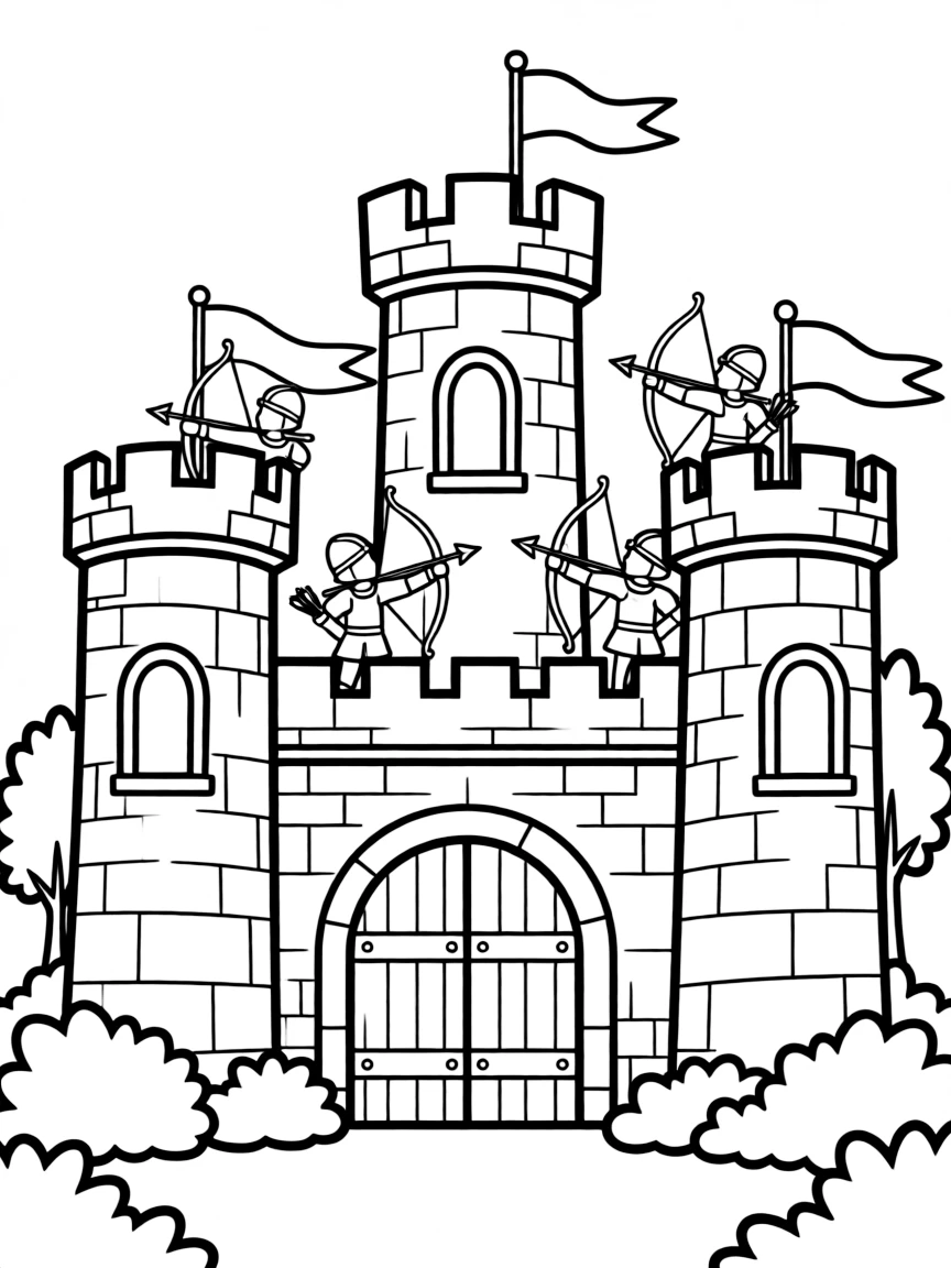A medieval castle under siege with archers on the walls