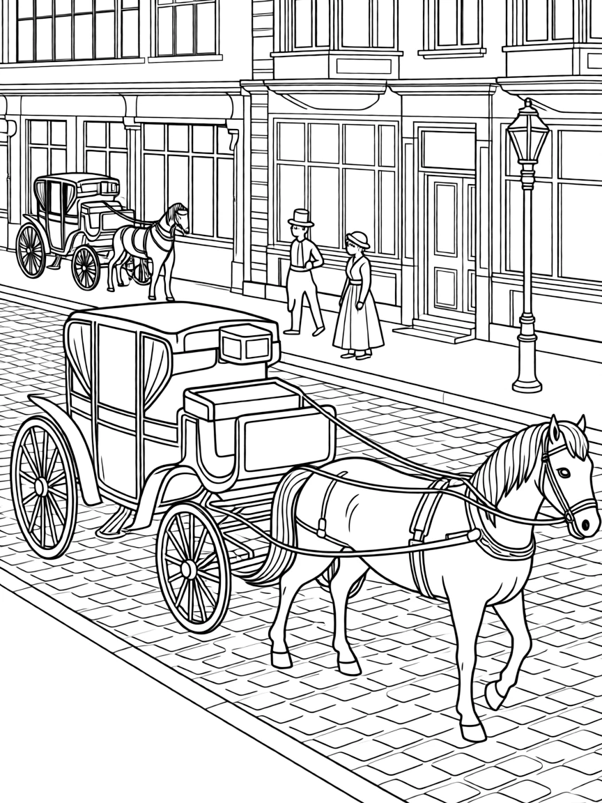 A Victorian street scene with horse-drawn carriages