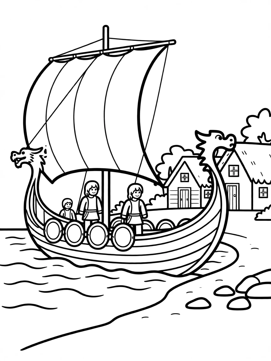 A Viking longship approaching a coastal village