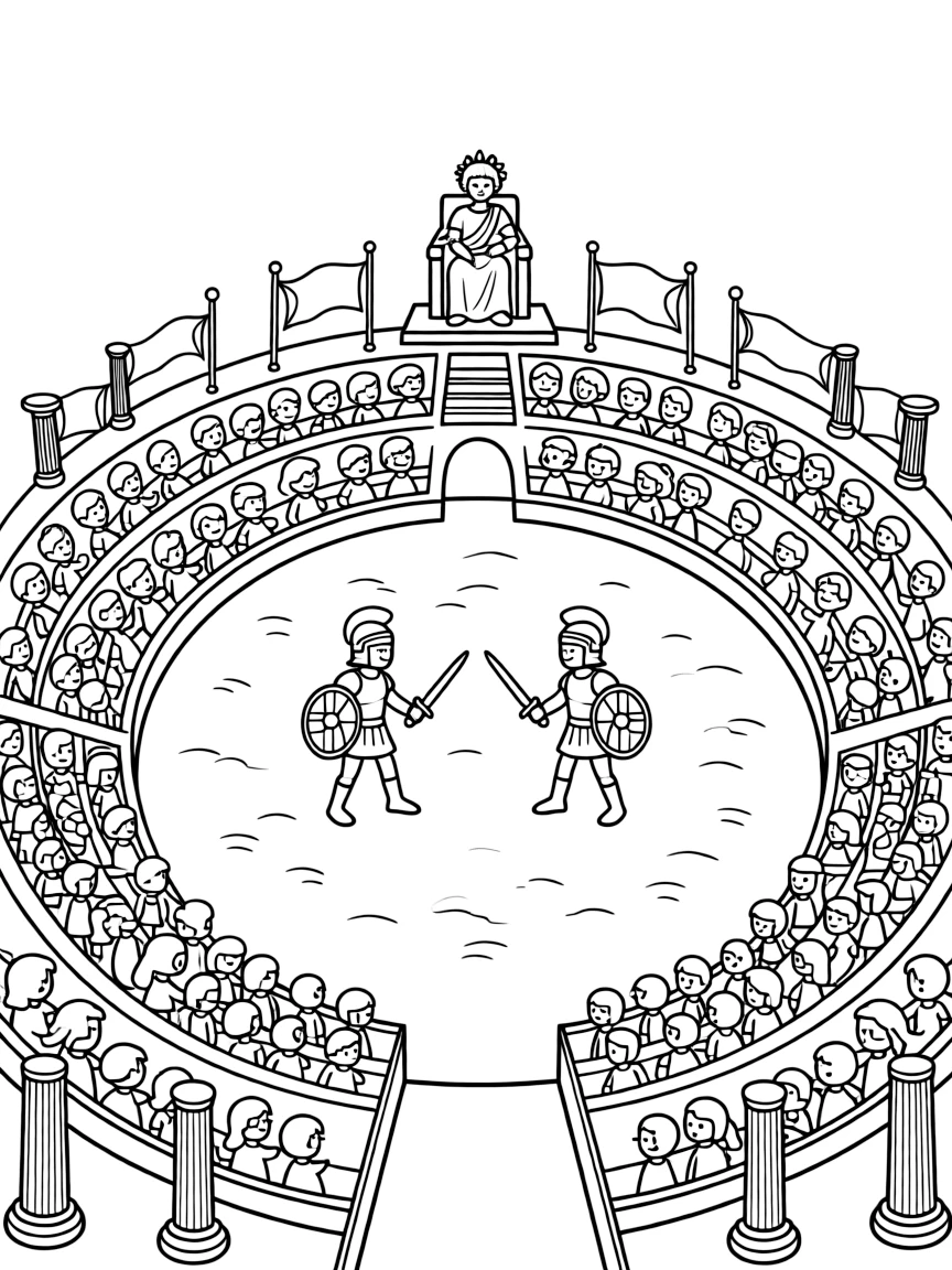 A Roman gladiatorial arena with spectators and emperor