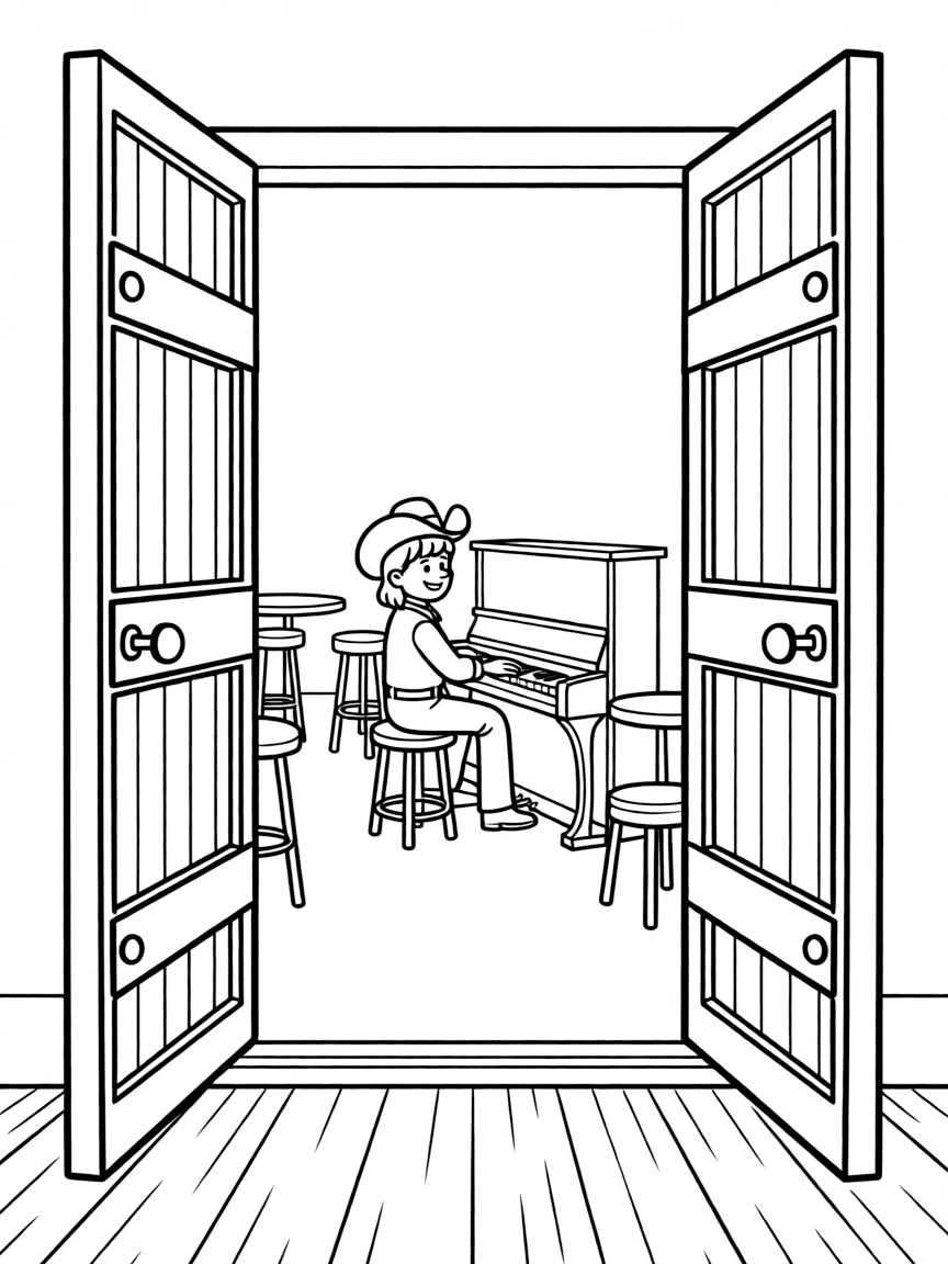 A Wild West saloon with swinging doors and piano player