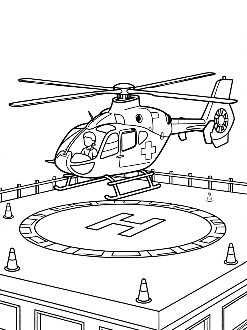 A medical helicopter landing on hospital helipad