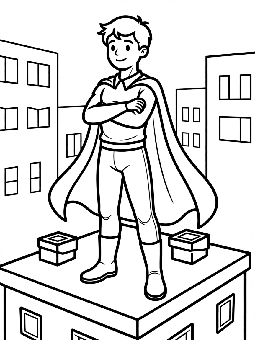A caped hero standing tall on a city rooftop, arms crossed confidently