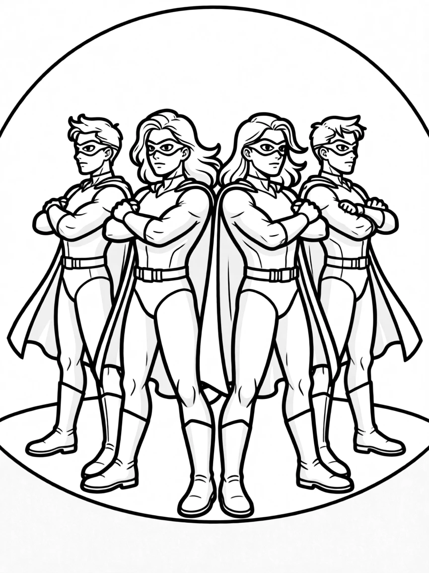 A superhero team standing back-to-back in a defensive circle