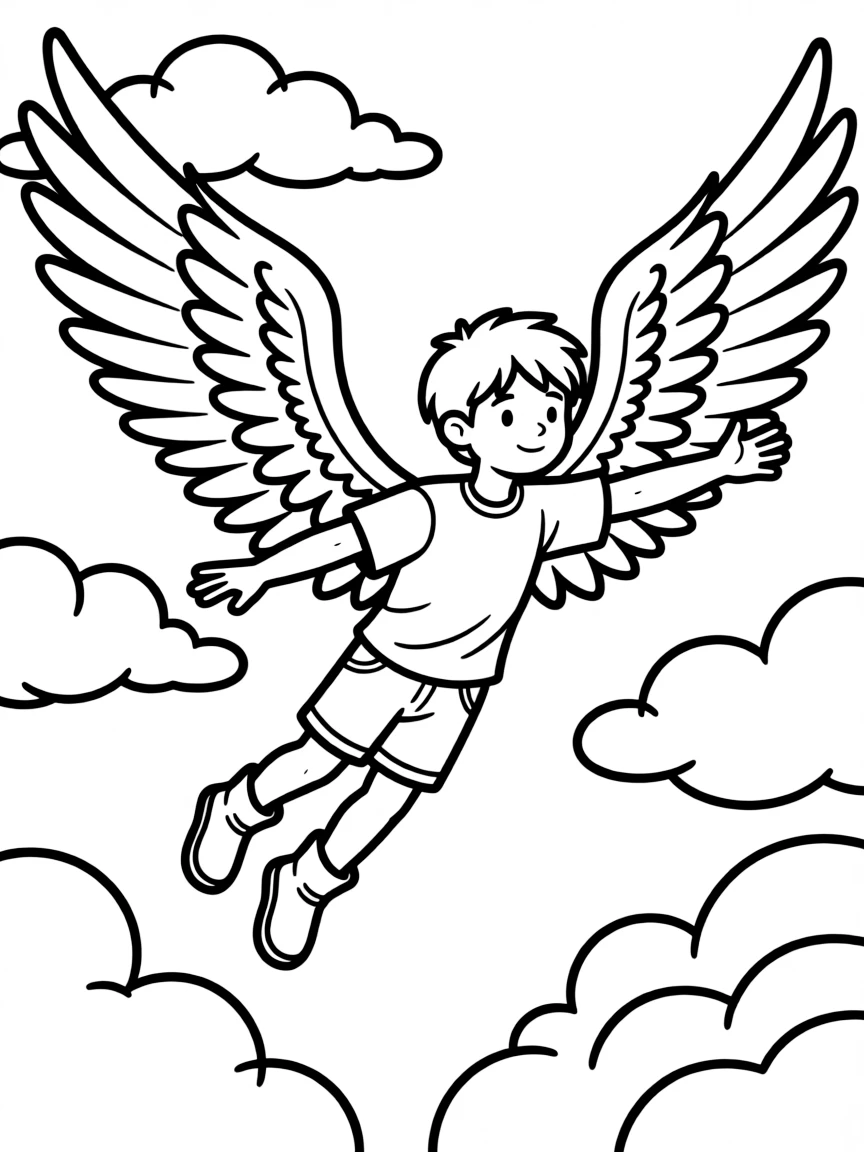 A winged hero soaring through clouds with arms outstretched