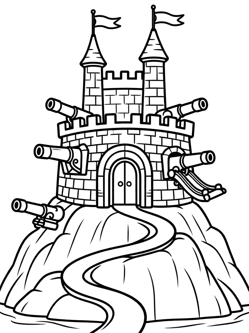 A mountaintop fortress with defense systems activated