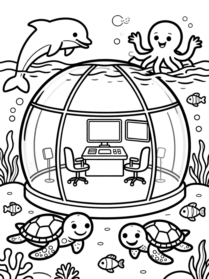 A underwater dome headquarters with sea creatures swimming around
