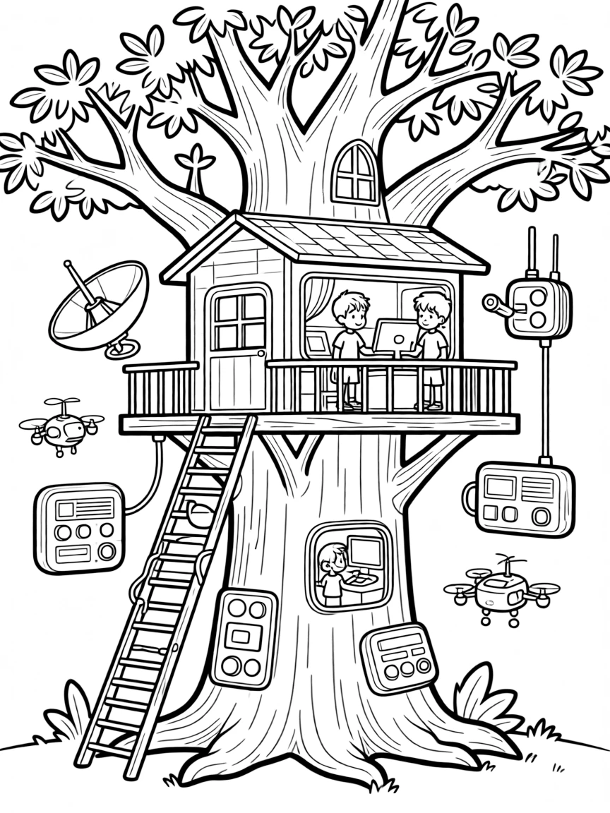 A treehouse headquarters with advanced technology