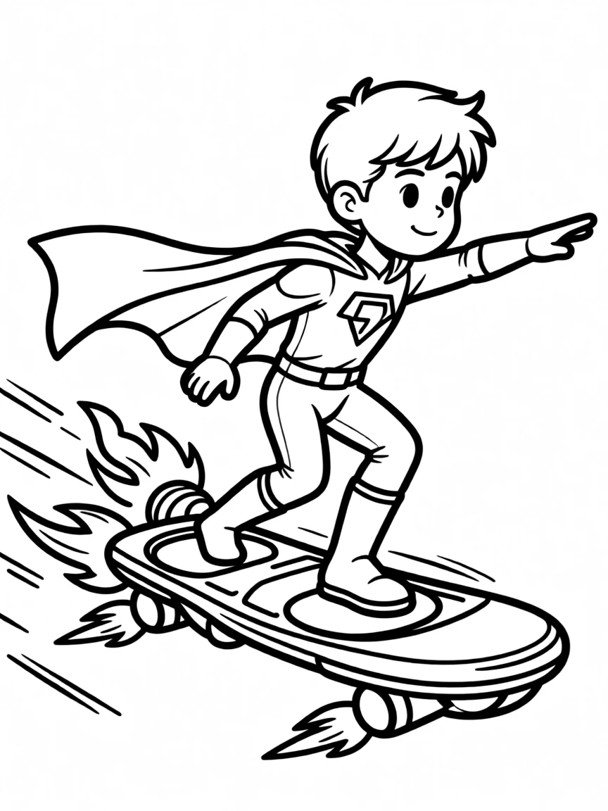 A jet-powered hover board being ridden by a hero