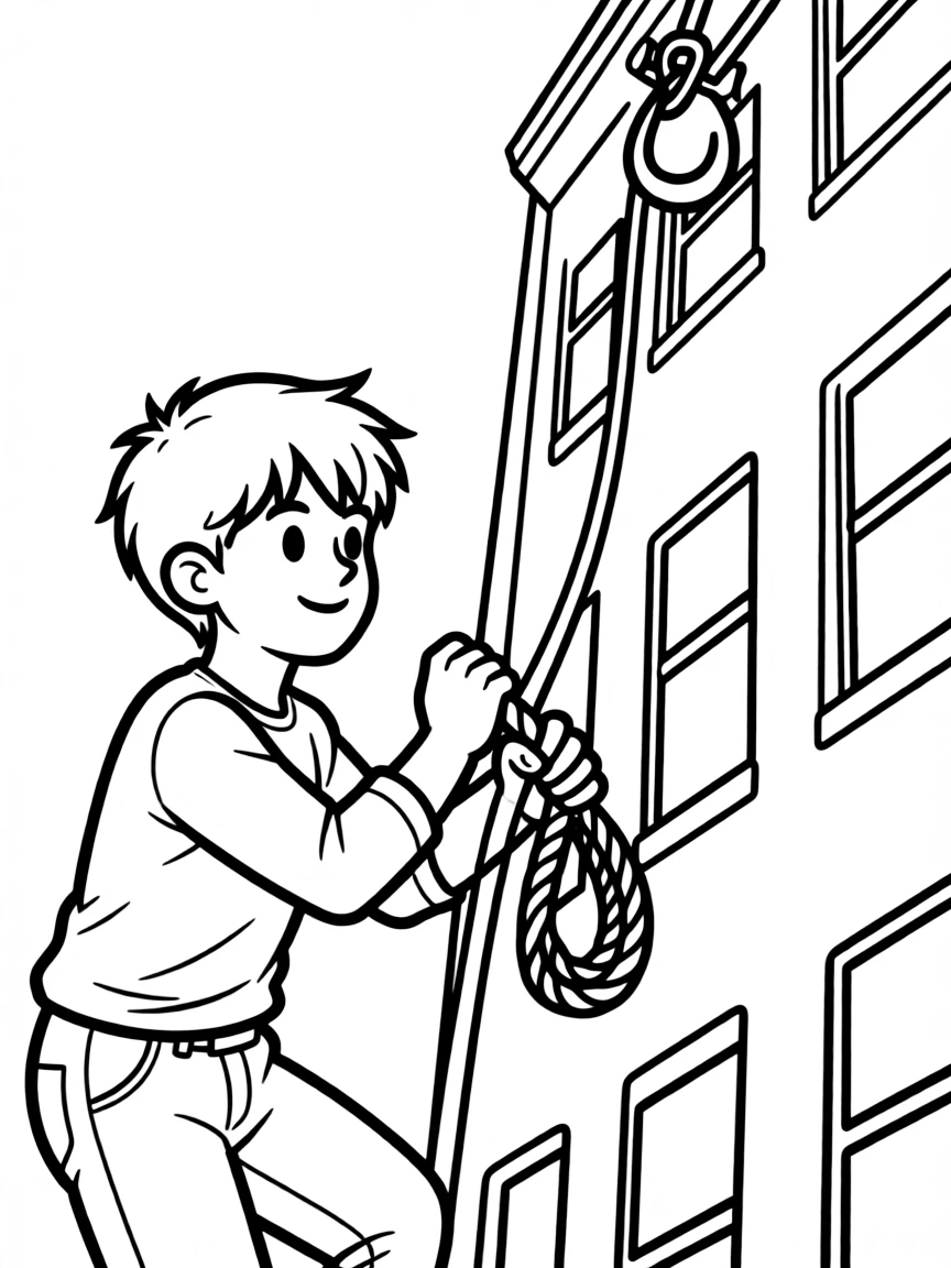A grappling hook being used to scale a building