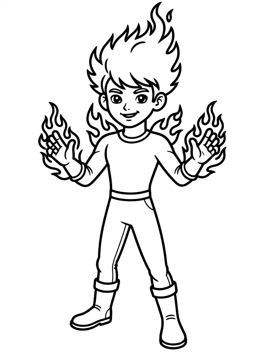 A hero with fire powers, hands and hair ablaze