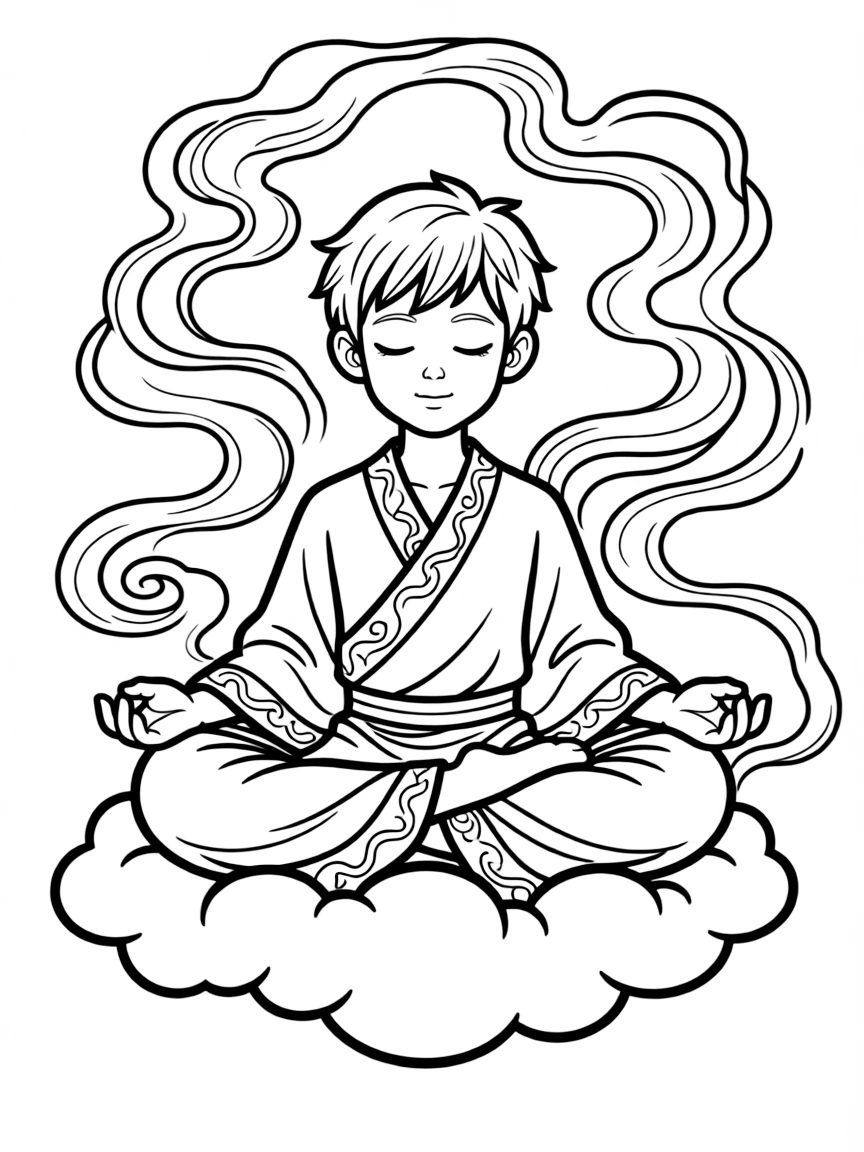 A mystical hero meditating in a floating position