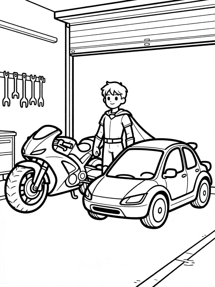A hero's specialized vehicles in their garage
