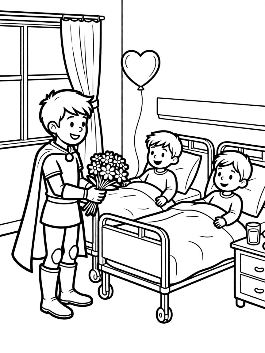 A hero visiting sick children in a hospital