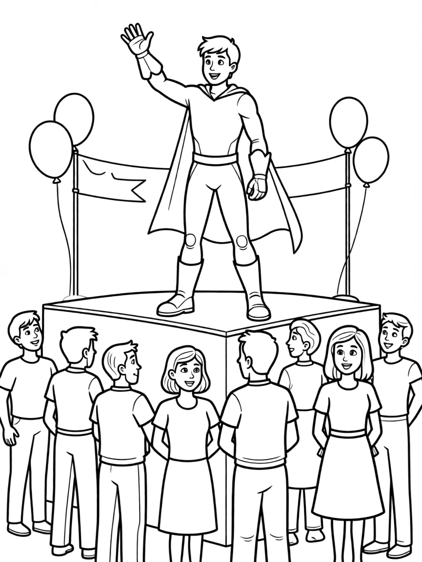 A hero giving an inspiring speech to citizens