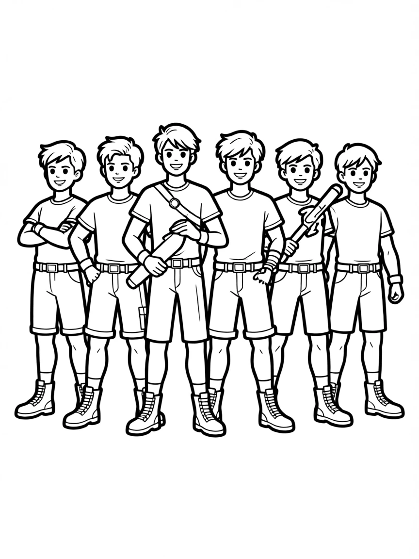 A set of action figures arranged in a team formation